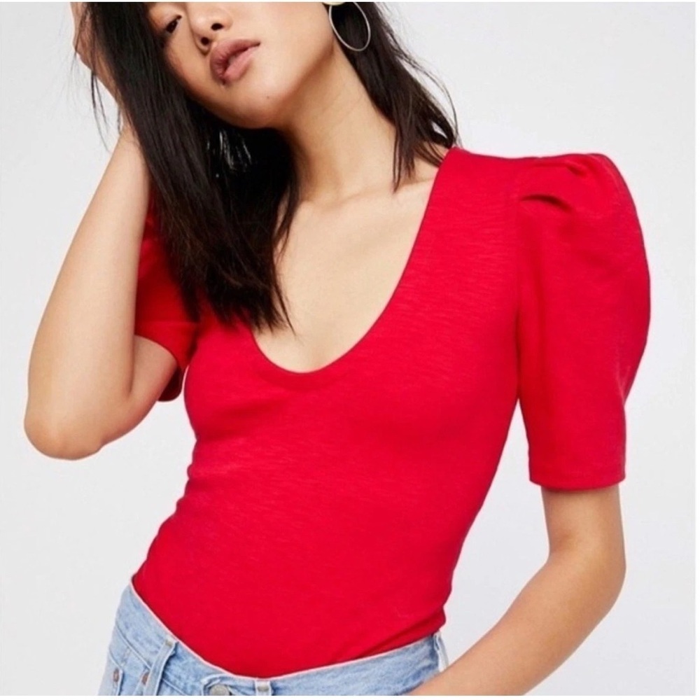 Free People Women’s Puff Sleeve Red V Neck Size Small